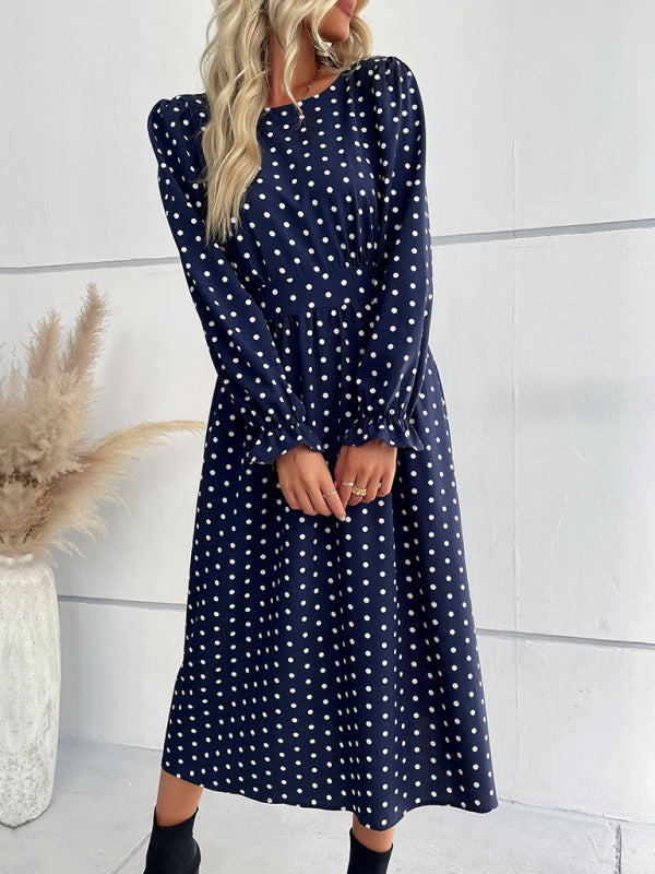 Blue Zone Planet | round neck waist polka dot dress BLUE ZONE PLANET