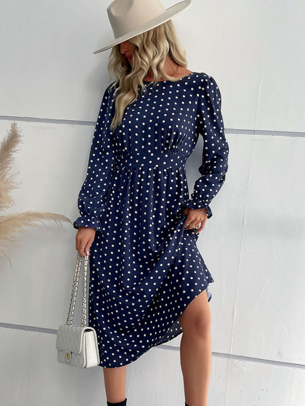 Blue Zone Planet | round neck waist polka dot dress BLUE ZONE PLANET