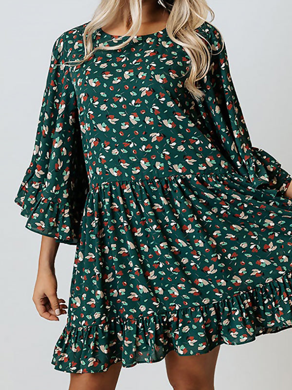 Women's leopard print bat long sleeve splicing dress kakaclo