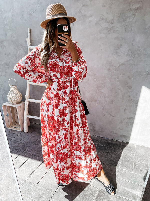 Blue Zone Planet | Women's Print Ruffle Neck Long Sleeve Resort Dress kakaclo