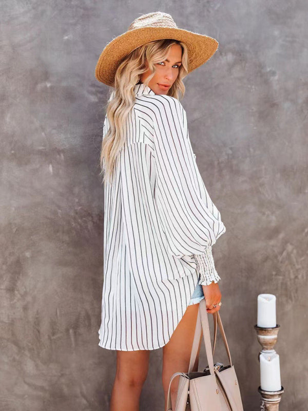 Blue Zone Planet | Collar shirt thin medium long stripe long sleeve shirt BLUE ZONE PLANET