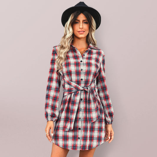 Blue Zone Planet | Plaid single breasted tie waist mini shirt dress BLUE ZONE PLANET