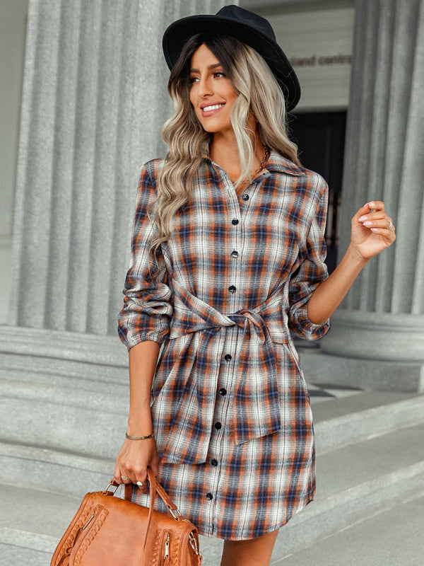 Blue Zone Planet | Plaid single breasted tie waist mini shirt dress BLUE ZONE PLANET