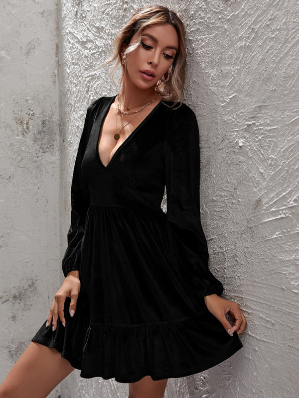Blue Zone Planet | Emily's Golden Velvet Deep V-Neck Bubble Sleeve Mini Ruffle Dress kakaclo