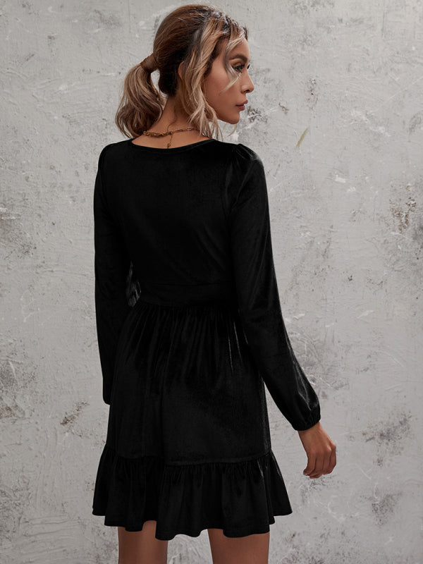 Blue Zone Planet | Emily's Golden Velvet Deep V-Neck Bubble Sleeve Mini Ruffle Dress kakaclo