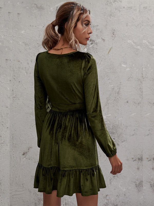 Blue Zone Planet | Emily's Golden Velvet Deep V-Neck Bubble Sleeve Mini Ruffle Dress kakaclo
