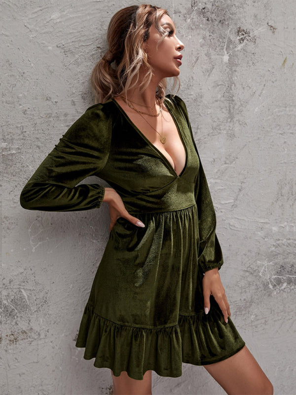 Blue Zone Planet | Emily's Golden Velvet Deep V-Neck Bubble Sleeve Mini Ruffle Dress kakaclo