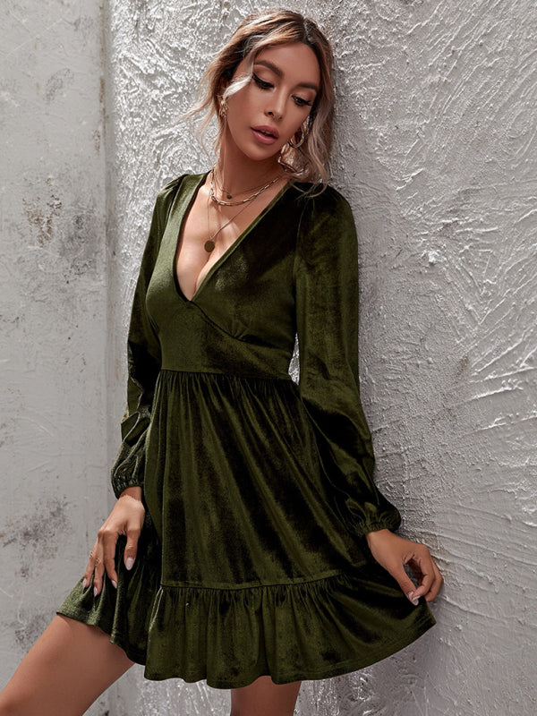 Blue Zone Planet | Emily's Golden Velvet Deep V-Neck Bubble Sleeve Mini Ruffle Dress kakaclo