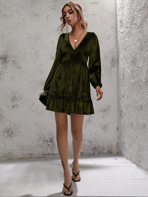 Blue Zone Planet | Emily's Golden Velvet Deep V-Neck Bubble Sleeve Mini Ruffle Dress kakaclo