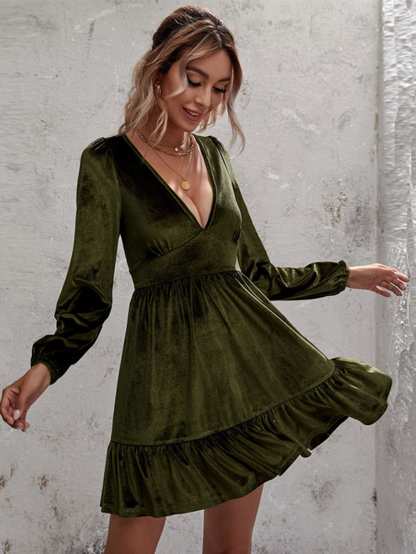 Blue Zone Planet | Emily's Golden Velvet Deep V-Neck Bubble Sleeve Mini Ruffle Dress kakaclo