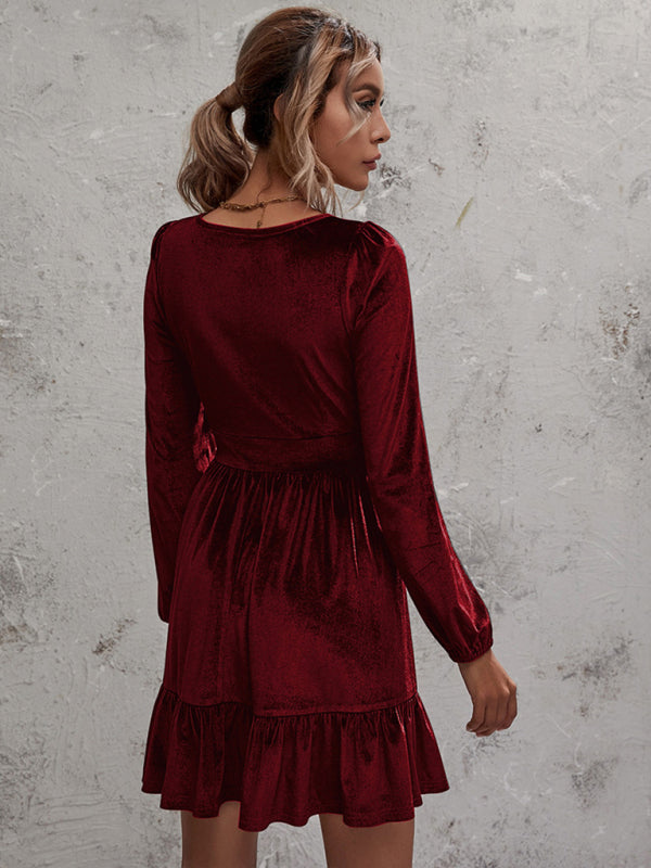 Blue Zone Planet | Emily's Golden Velvet Deep V-Neck Bubble Sleeve Mini Ruffle Dress kakaclo