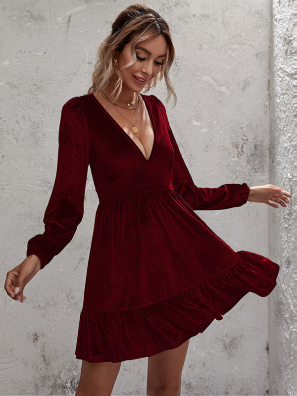 Blue Zone Planet | Emily's Golden Velvet Deep V-Neck Bubble Sleeve Mini Ruffle Dress kakaclo