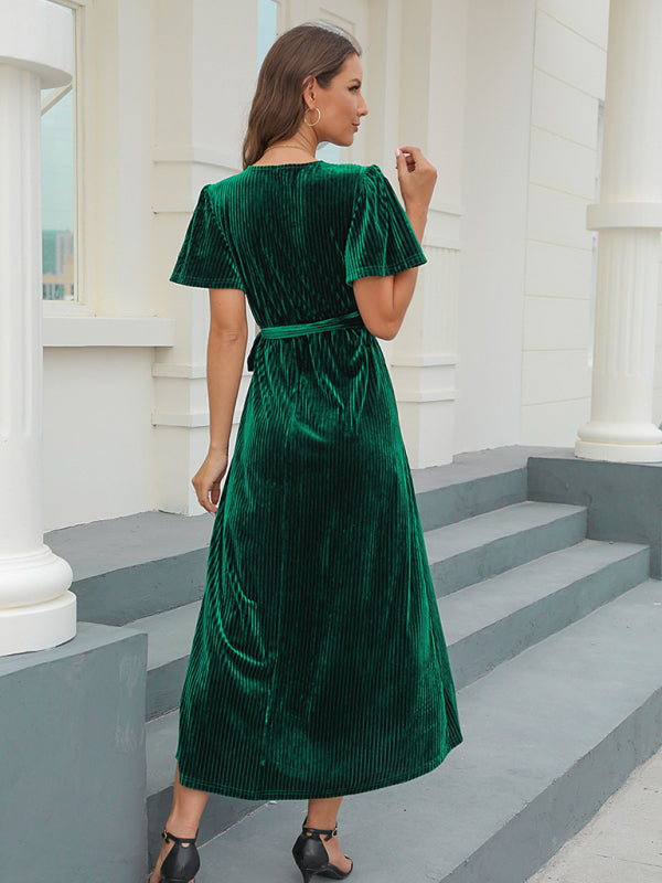 Split strap big pit strip gold velvet medium length dress dress kakaclo