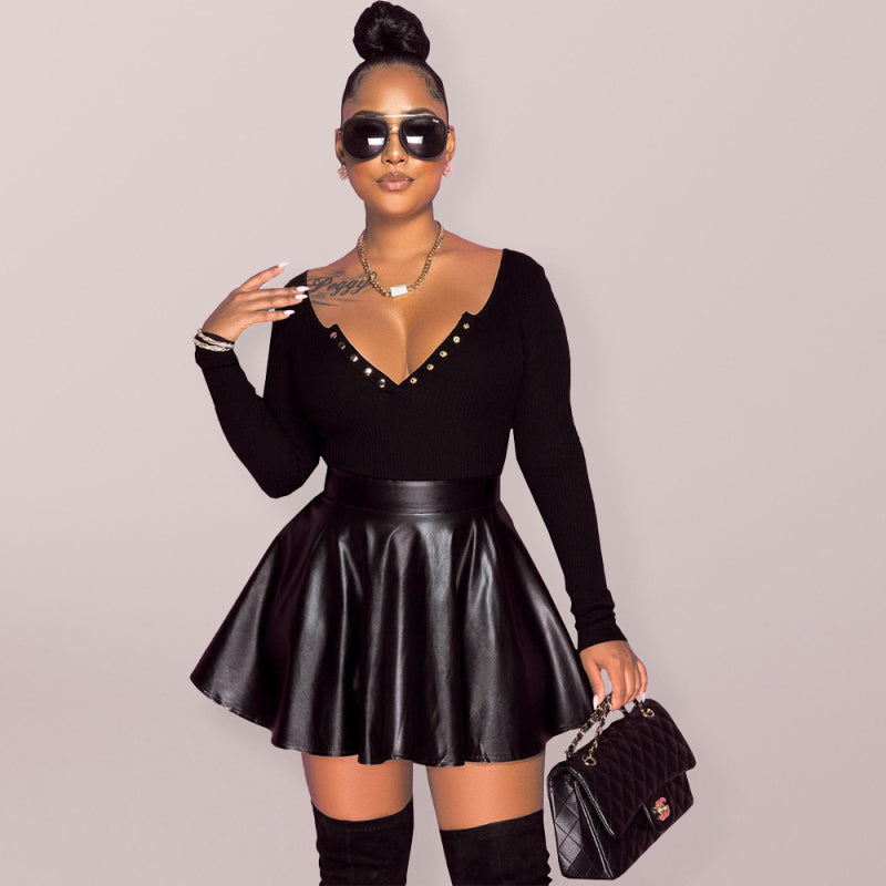 Blue Zone Planet | Sexy solid color PU leather swing women's half mini skirt kakaclo