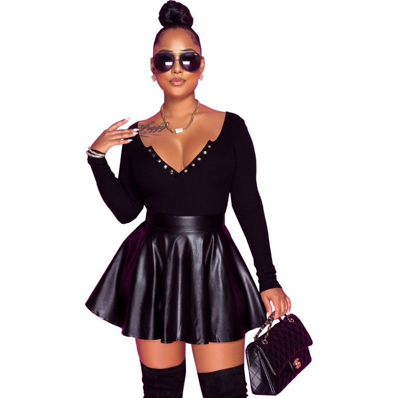 Blue Zone Planet | Sexy solid color PU leather swing women's half mini skirt kakaclo