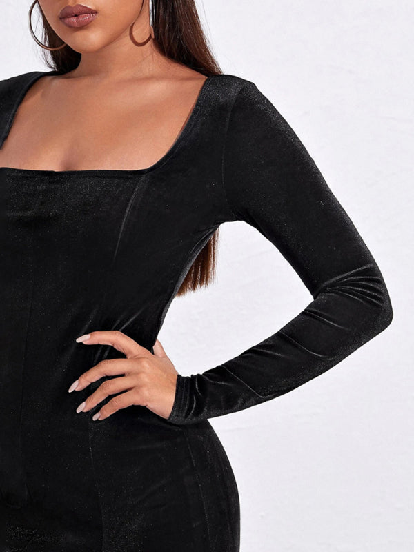 Blue Zone Planet | women's sexy split square neck temperament package hip skirt velvet long-sleeved French dress kakaclo