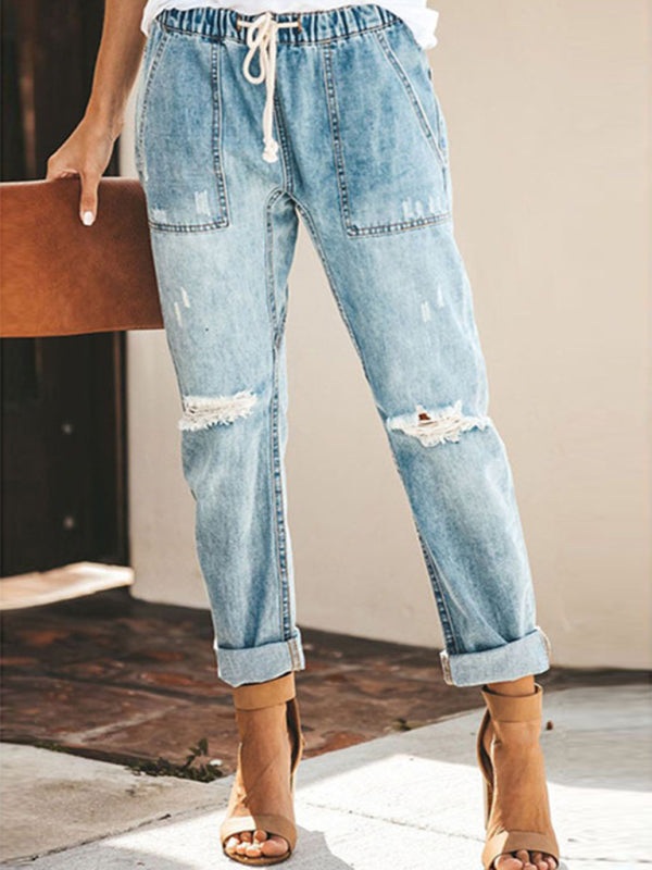 Denim straight-leg pants elastic plus size jeans-BOTTOM SIZES SMALL MEDIUM LARGE-[Adult]-[Female]-2022 Online Blue Zone Planet