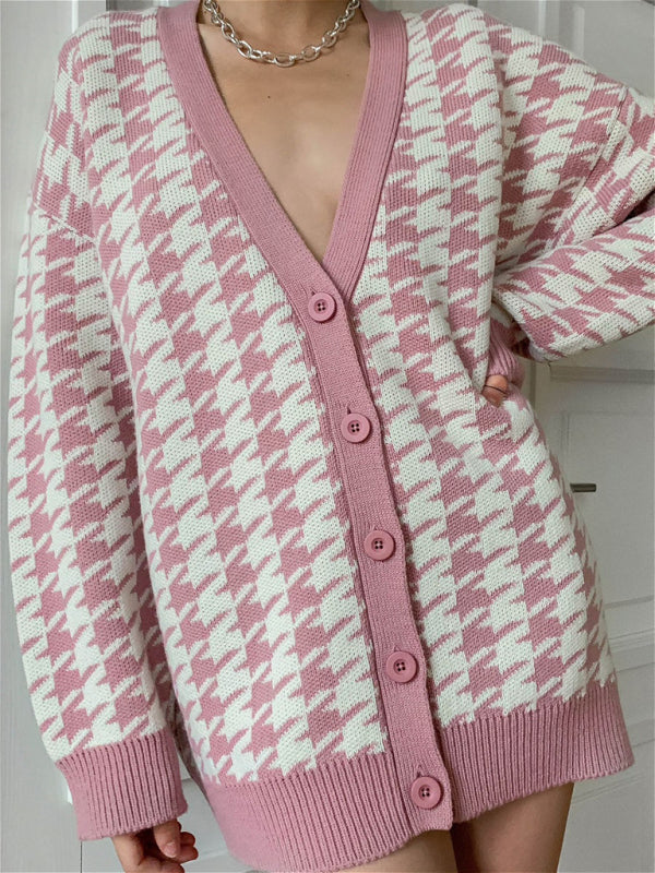 Blue Zone Planet | Sweater loose V-neck houndstooth long-sleeved knitted cardigan jacket color contrast BLUE ZONE PLANET