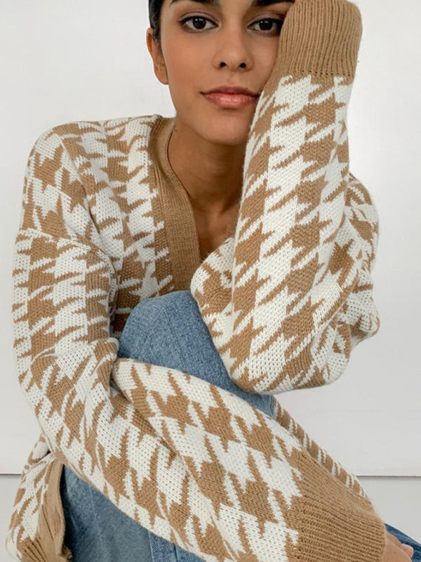 Blue Zone Planet | Sweater loose V-neck houndstooth long-sleeved knitted cardigan jacket color contrast BLUE ZONE PLANET