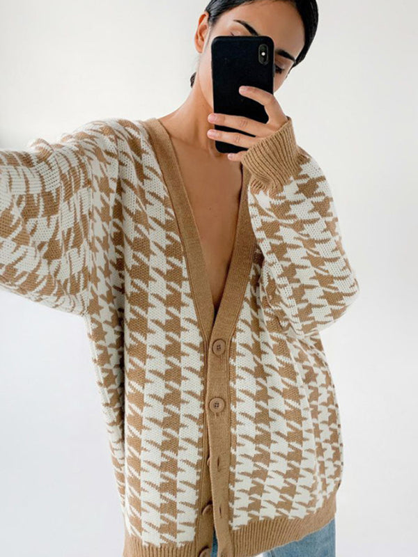 Blue Zone Planet | Sweater loose V-neck houndstooth long-sleeved knitted cardigan jacket color contrast BLUE ZONE PLANET