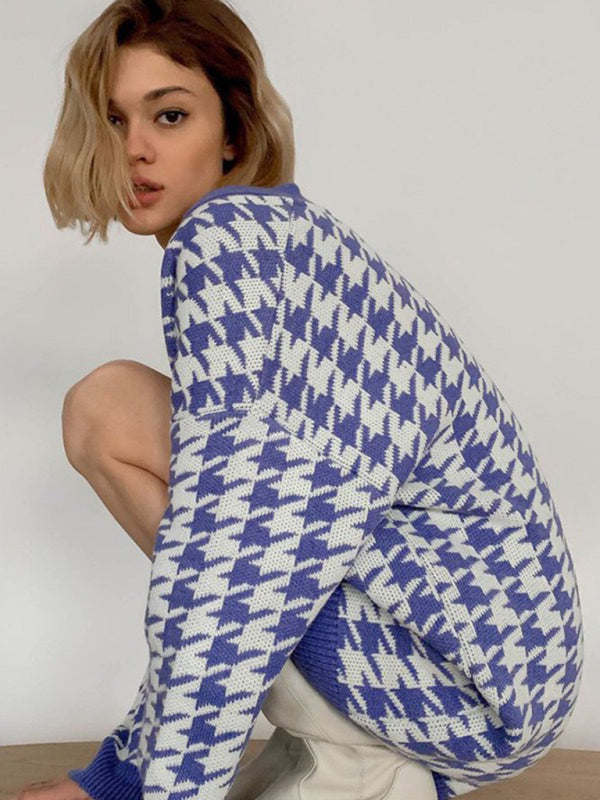 Blue Zone Planet | Sweater loose V-neck houndstooth long-sleeved knitted cardigan jacket color contrast BLUE ZONE PLANET