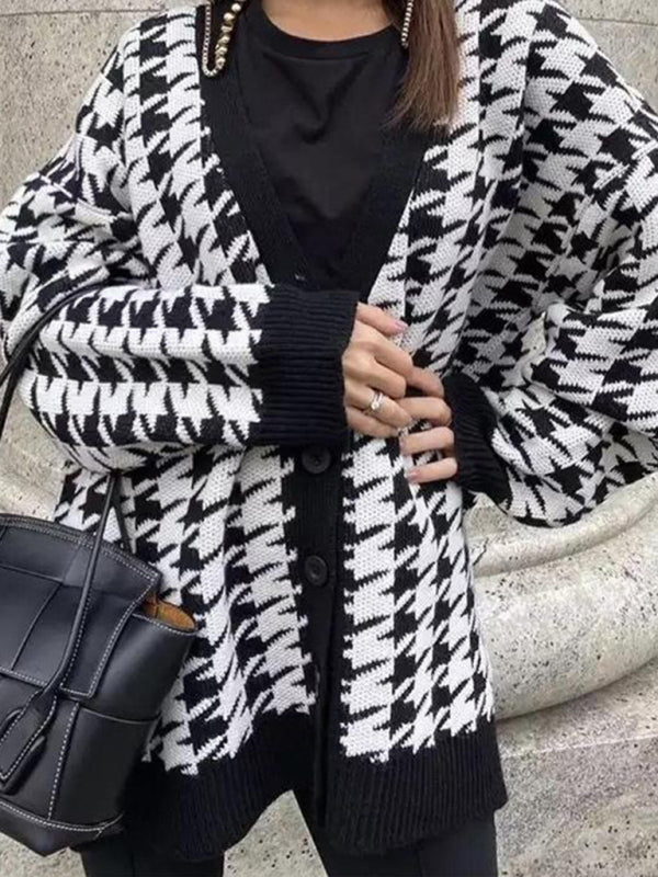 Blue Zone Planet | Sweater loose V-neck houndstooth long-sleeved knitted cardigan jacket color contrast BLUE ZONE PLANET