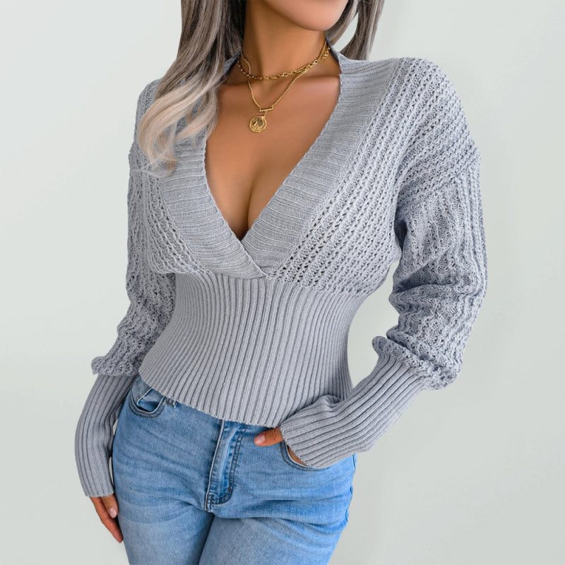 Blue Zone Planet | Hollow V-neck bat sleeve waist pullover sweater kakaclo
