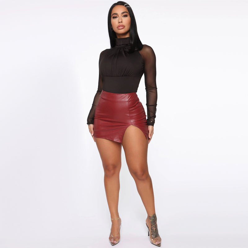 Blue Zone Planet | skirtBeauty high waist bag hip skirt PU leather zipper sexy black leather skirt kakaclo