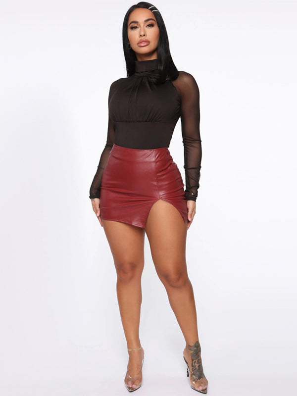 Blue Zone Planet | skirtBeauty high waist bag hip skirt PU leather zipper sexy black leather skirt kakaclo