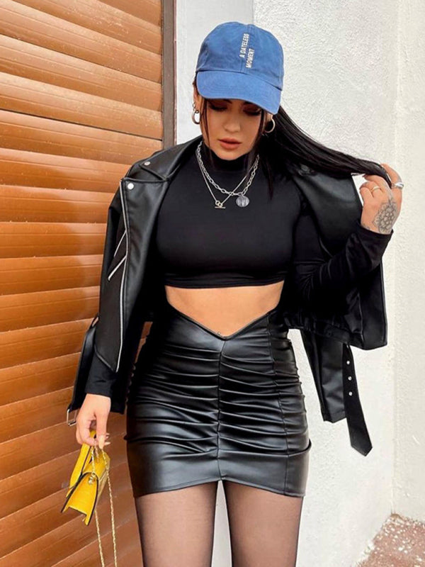 Blue Zone Planet | Fashion temperament solid color pleated PU bag hip skirt female skirt kakaclo