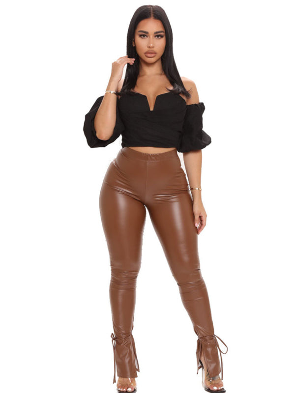 Skinny High Elastic Bandage Micro Flared Side Slit PU Leather Pants kakaclo