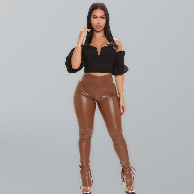 Skinny High Elastic Bandage Micro Flared Side Slit PU Leather Pants kakaclo