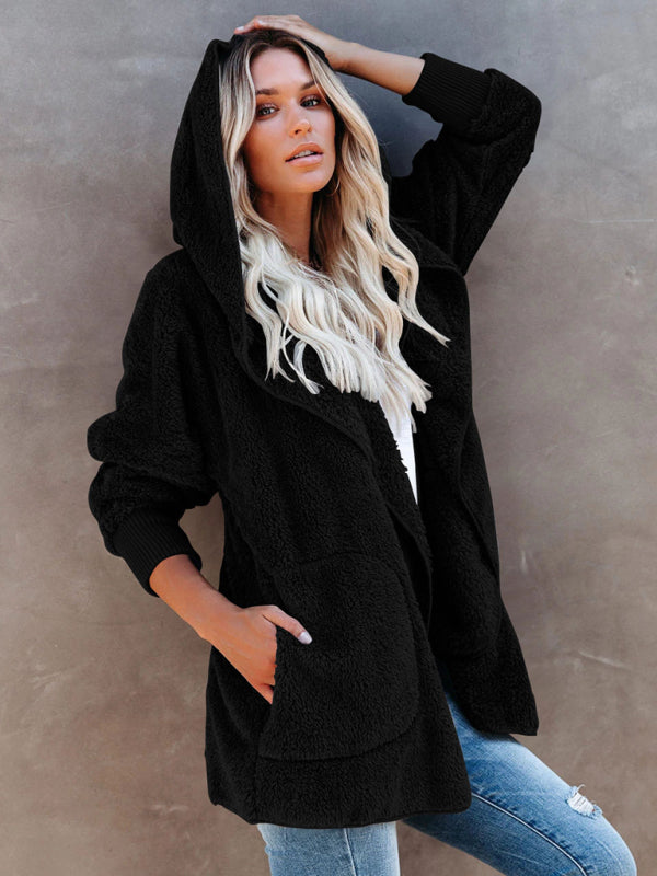Blue Zone Planet | Long Sleeve Jacket Hooded Solid Color Cardigan Plush Women BLUE ZONE PLANET