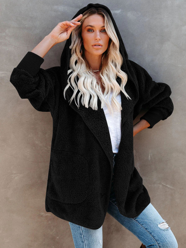 Blue Zone Planet | Long Sleeve Jacket Hooded Solid Color Cardigan Plush Women BLUE ZONE PLANET