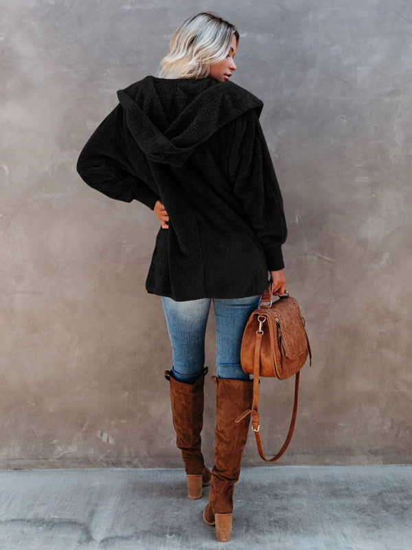 Blue Zone Planet | Long Sleeve Jacket Hooded Solid Color Cardigan Plush Women BLUE ZONE PLANET
