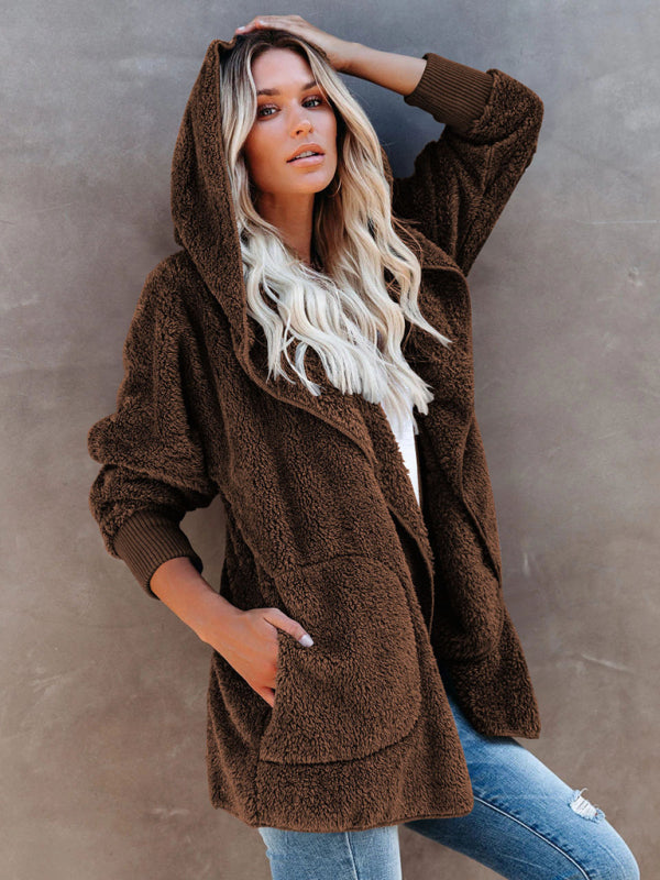 Blue Zone Planet | Long Sleeve Jacket Hooded Solid Color Cardigan Plush Women BLUE ZONE PLANET