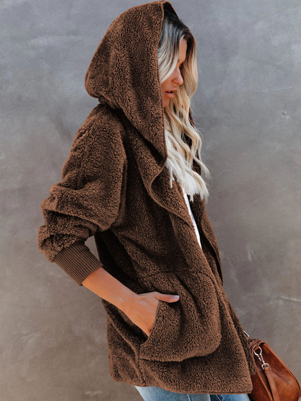 Blue Zone Planet | Long Sleeve Jacket Hooded Solid Color Cardigan Plush Women BLUE ZONE PLANET
