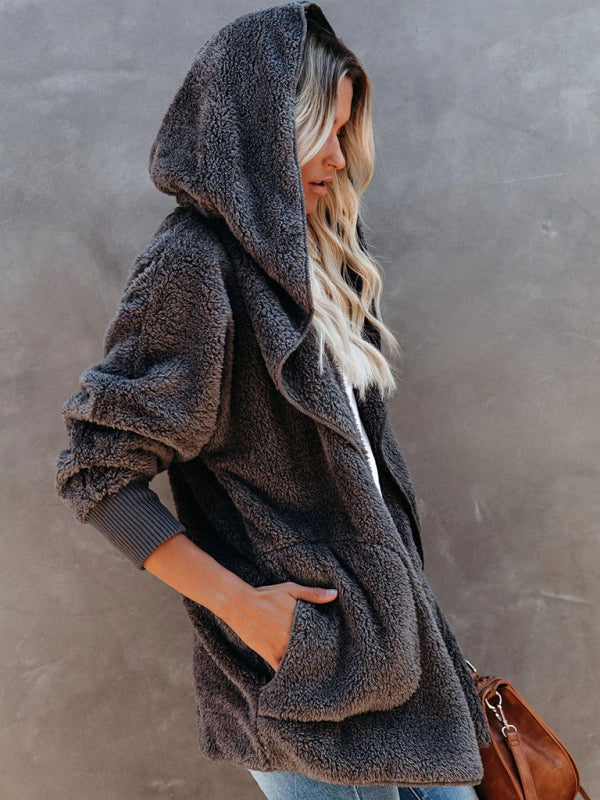 Blue Zone Planet | Long Sleeve Jacket Hooded Solid Color Cardigan Plush Women BLUE ZONE PLANET