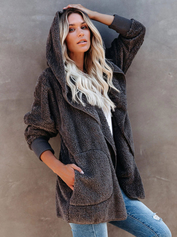 Blue Zone Planet | Long Sleeve Jacket Hooded Solid Color Cardigan Plush Women BLUE ZONE PLANET
