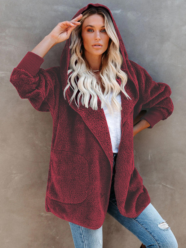 Blue Zone Planet | Long Sleeve Jacket Hooded Solid Color Cardigan Plush Women BLUE ZONE PLANET