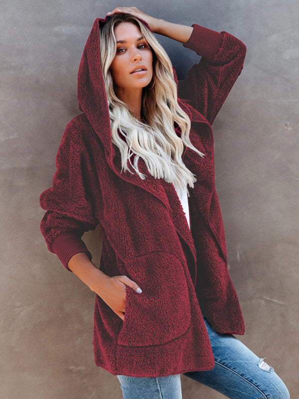 Blue Zone Planet | Long Sleeve Jacket Hooded Solid Color Cardigan Plush Women BLUE ZONE PLANET