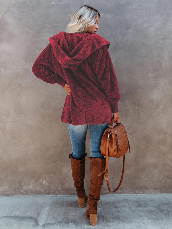 Blue Zone Planet | Long Sleeve Jacket Hooded Solid Color Cardigan Plush Women BLUE ZONE PLANET