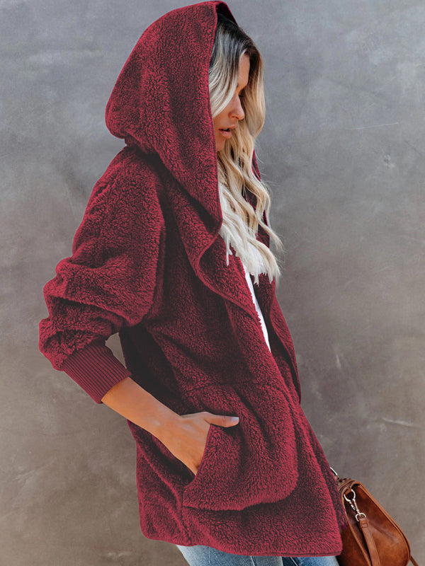 Blue Zone Planet | Long Sleeve Jacket Hooded Solid Color Cardigan Plush Women BLUE ZONE PLANET