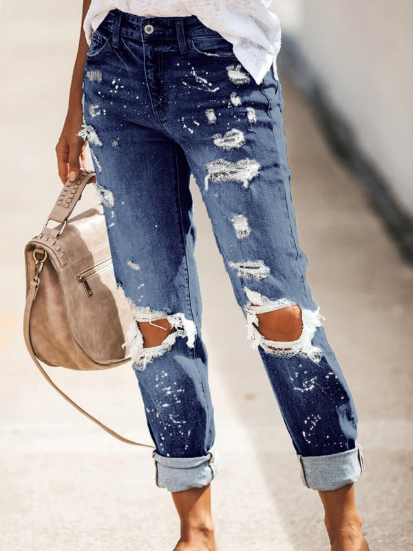 Blue Zone Planet | Stretch washed ripped straight-leg street style denim trousers kakaclo