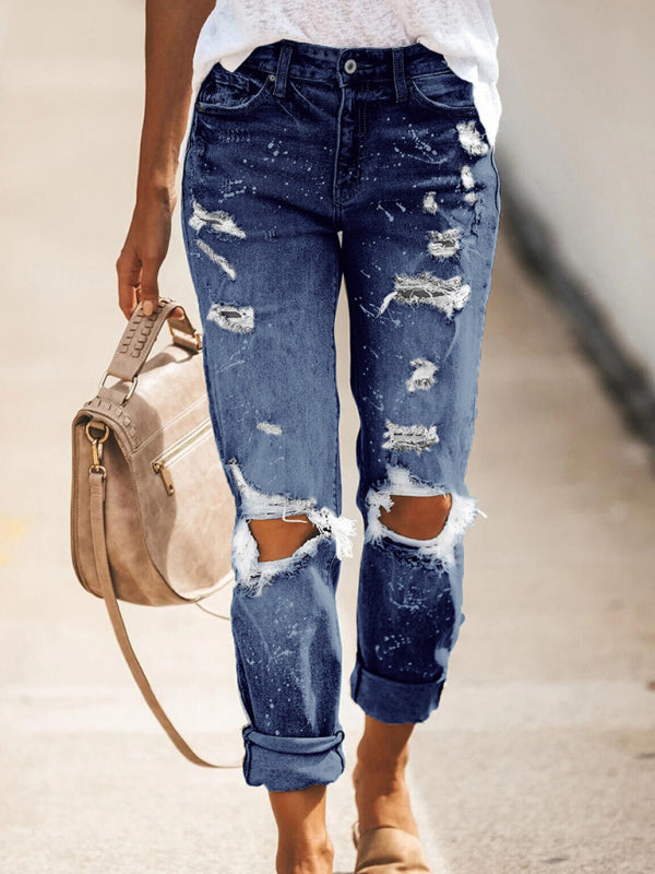 Blue Zone Planet | Stretch washed ripped straight-leg street style denim trousers kakaclo