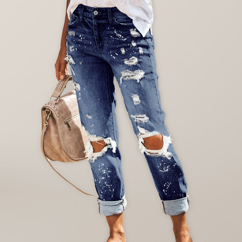 Blue Zone Planet | Stretch washed ripped straight-leg street style denim trousers kakaclo