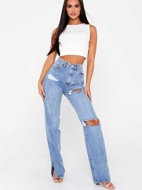 Blue Zone Planet |  Straight-leg mopping trousers ripped ankle slit flared jeans kakaclo