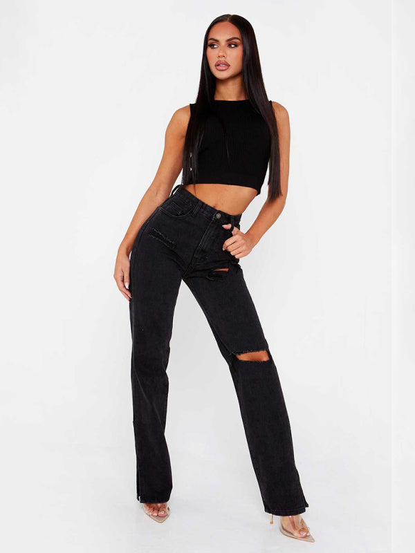 Blue Zone Planet |  Straight-leg mopping trousers ripped ankle slit flared jeans kakaclo