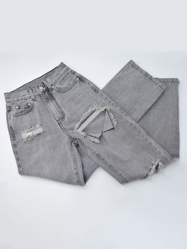 Blue Zone Planet |  Straight-leg mopping trousers ripped ankle slit flared jeans kakaclo