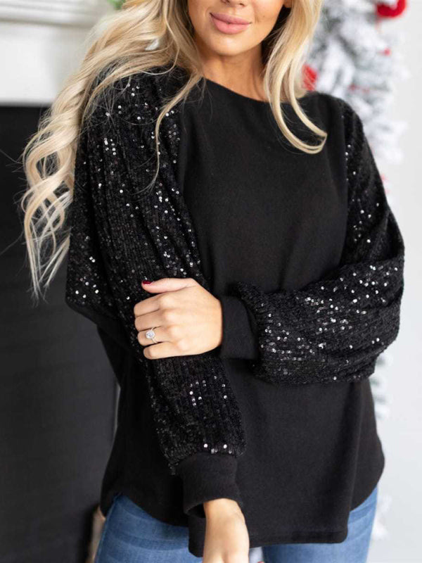 Blue Zone Planet | Sequin Stitching Round Neck Loose Raglan Sleeve Top BLUE ZONE PLANET